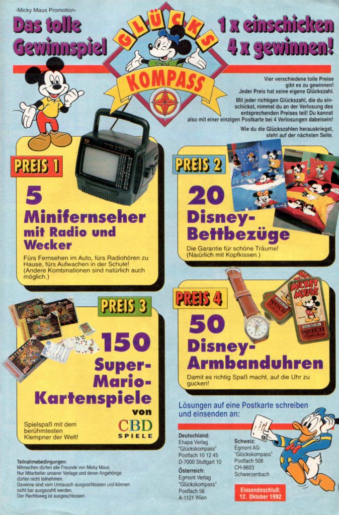Werbeanzeige für verschiedene Produkte inkl. Super-Mario-Kartenspiele von CBD. Micky Maus Magazin von 1992. (Bildrechte: Egmont Ehapa Media GmbH)