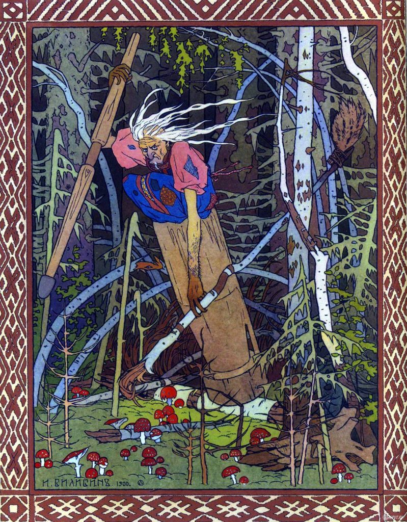 Baba Jaga fliegt auf ihrem Mörser. Iwan Bilibin, 1899. (Bild: Wikipedia)