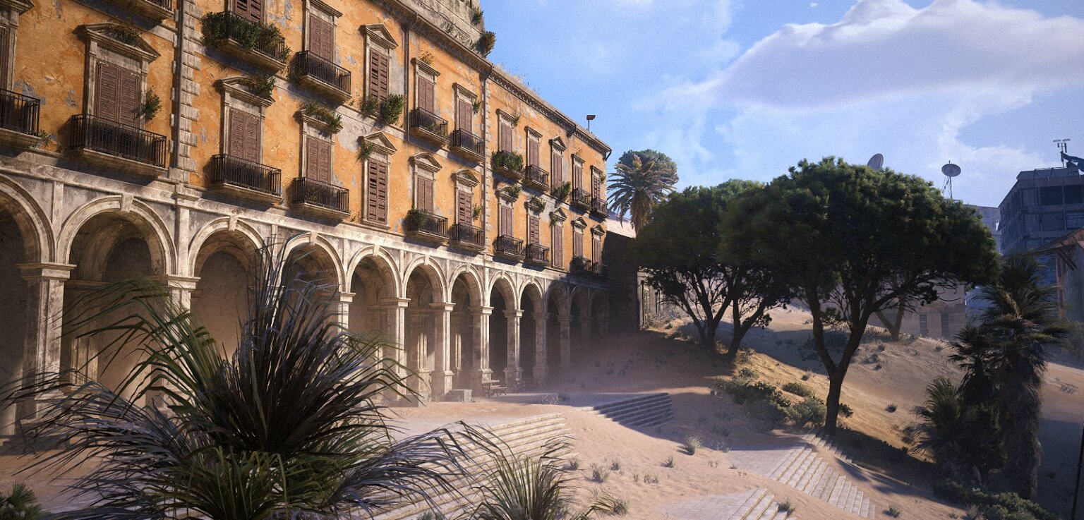 Die Begrabene Stadt. Ehemalige Stadtzugänge und Unterführungen teilweise von Sand begraben. Farben in Erdtönen: Sand, rostige Metalle, verblasster Beton – vermittelt ein Gefühl von verlassener Zivilisation. Quelle: Embark-Studios