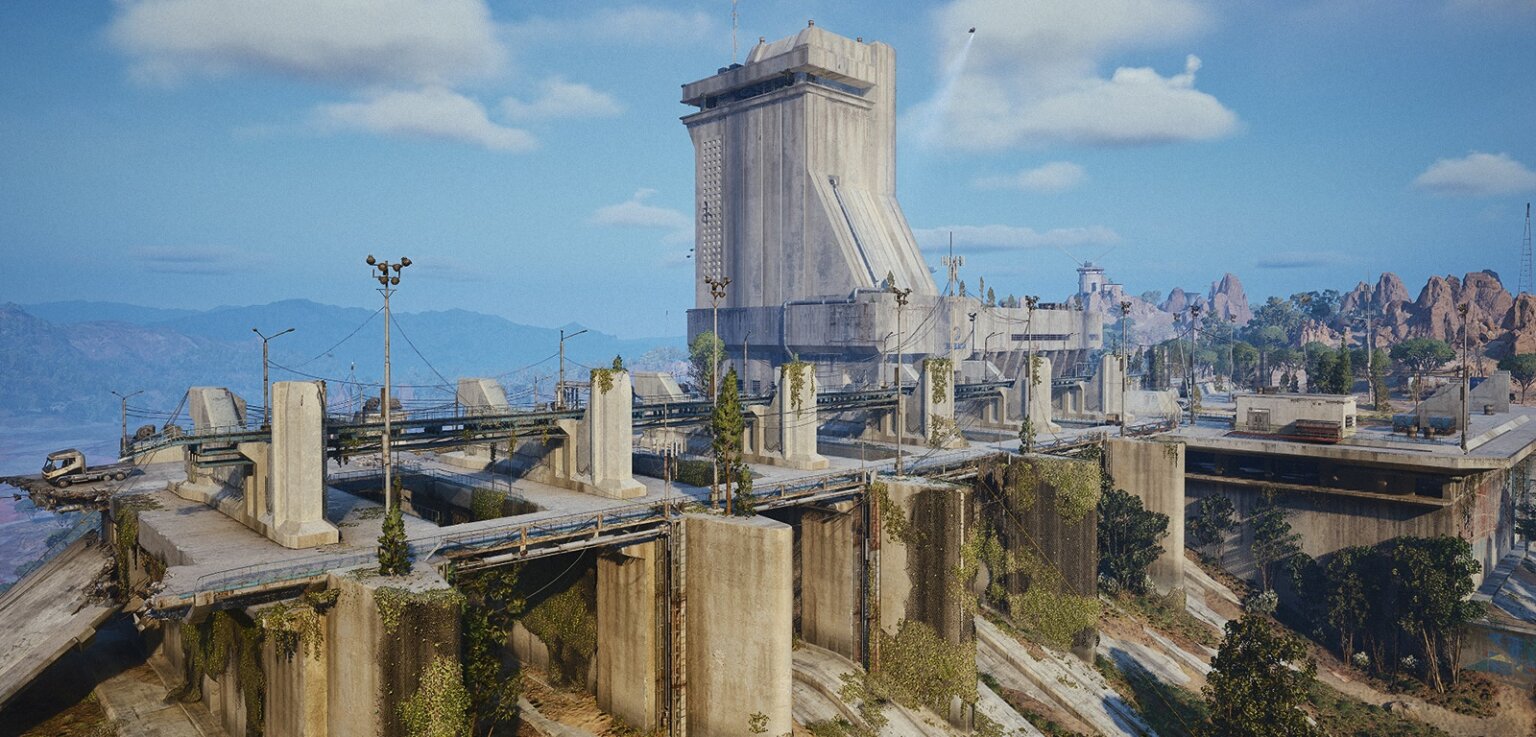 Die Map Damm-Schlachtfelder. Verwilderte, zerstörte Anlagen, überflutetes Gelände aufgrund des zerstörten Staudamms. Verfaultes rötliches Wasser hat sich zu einem optisch schönen See formiert. Quelle: Embark-Studios