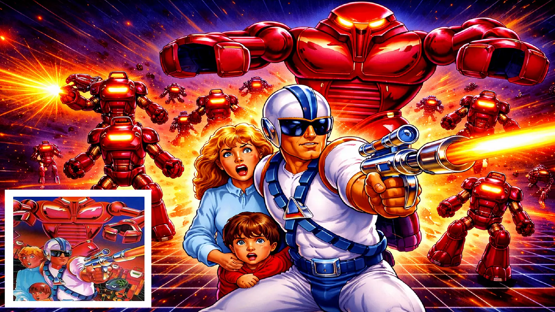 Mensch vs. KI: Links sehen wir das Original-Artwork zum Spielautomaten Robotron: 2084. Das große Bild zeigt eine von ChatGPT überarbeitete Version. Quelle: Williams Electronics