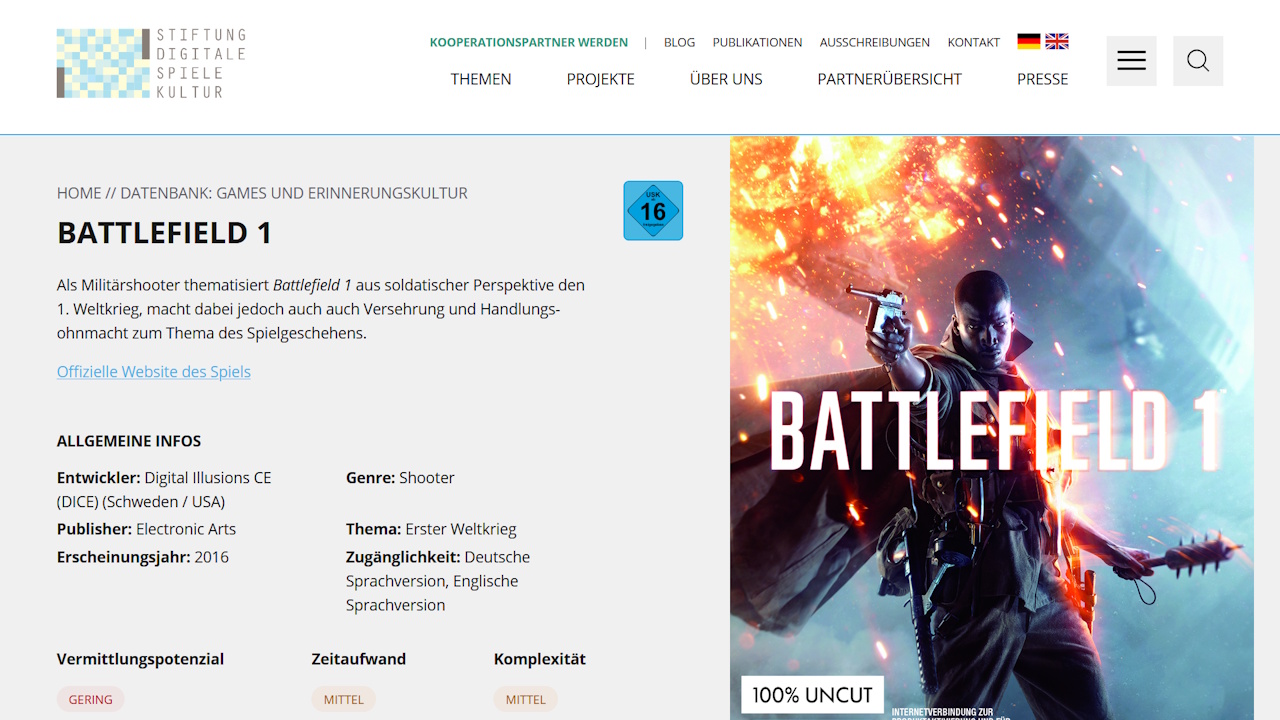 Noldens Beitrag zu Battlefield 1 in der Datenbank Games und Erinnerungskultur für die Stiftung digitale Spielekultur. Rechts das Cover des Titels mit einem brennenden Zeppelin und einem schwarzen Soldaten mit Handfeuerwaffe, Gewehr, Gasmaske und einem Flegel für den Nahkampf.